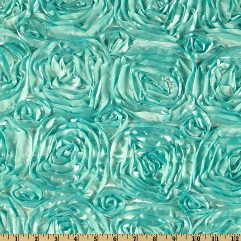 Rosette Fabric - Mint - 3D Rosette Satin Floral Fabric Sold By Yard