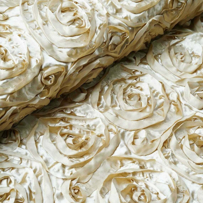 Rosette Fabric - Champagne - 3D Rosette Satin Floral Fabric Sold By Yard