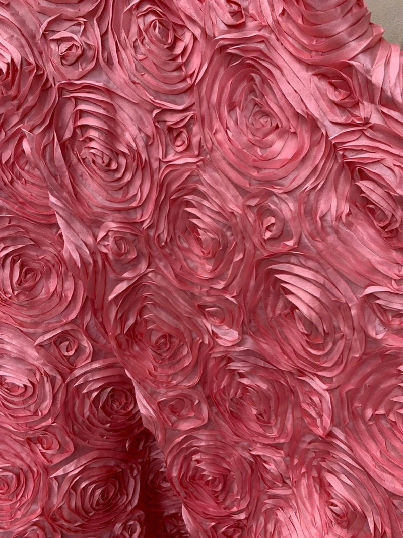 Rosette Fabric - Dusty Rose - 3D Rosette Satin Floral Fabric Sold By Yard