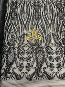 Paisley Lines Sequin Fabric - Black - 4 Way Stretch Fancy Fabric By The Yard