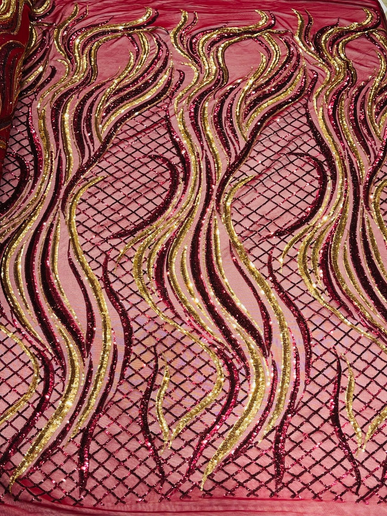 Sequins Fabric - Two Tone Burgundy/Gold - Wavy Lines Geometric Design 4 Way Stretch Sold By Yard