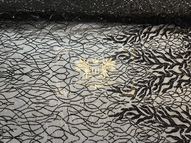 Leaves Design Sequin Fabric - Black - 4 Way Stretch Fancy Embroidered Fabric By The Yard