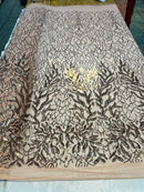 Leaves Design Sequin Fabric - Skin - 4 Way Stretch Fancy Embroidered Fabric By The Yard