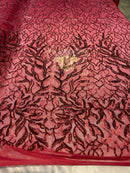 Leaves Design Sequin Fabric - Burgundy - 4 Way Stretch Fancy Embroidered Fabric By The Yard