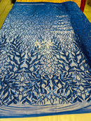Leaves Design Sequin Fabric - Royal Blue - 4 Way Stretch Fancy Embroidered Fabric By The Yard