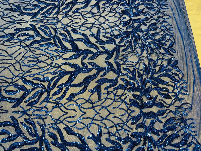 Leaves Design Sequin Fabric - Royal Blue - 4 Way Stretch Fancy Embroidered Fabric By The Yard