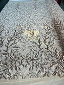 Leaves Design Sequin Fabric - Champagne - 4 Way Stretch Fancy Embroidered Fabric By The Yard