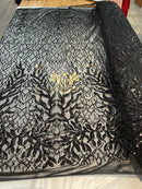 Leaves Design Sequin Fabric - Black - 4 Way Stretch Fancy Embroidered Fabric By The Yard