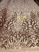 Leaves Design Sequin Fabric - Dusty Rose - 4 Way Stretch Fancy Embroidered Fabric By The Yard