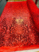 Leaves Design Sequin Fabric - Red - 4 Way Stretch Fancy Embroidered Fabric By The Yard