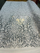 Leaves Design Sequin Fabric - Silver - 4 Way Stretch Fancy Embroidered Fabric By The Yard