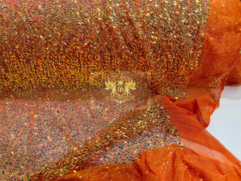 4 Way Stretch Sequin Fabric - Orange - Clear Shiny Sequins on Colored Mesh Fabric