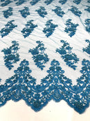 Floral Cluster Beaded Fabric - Turquoise - Embroidered Flower Beaded Fabric Sold By The Yard