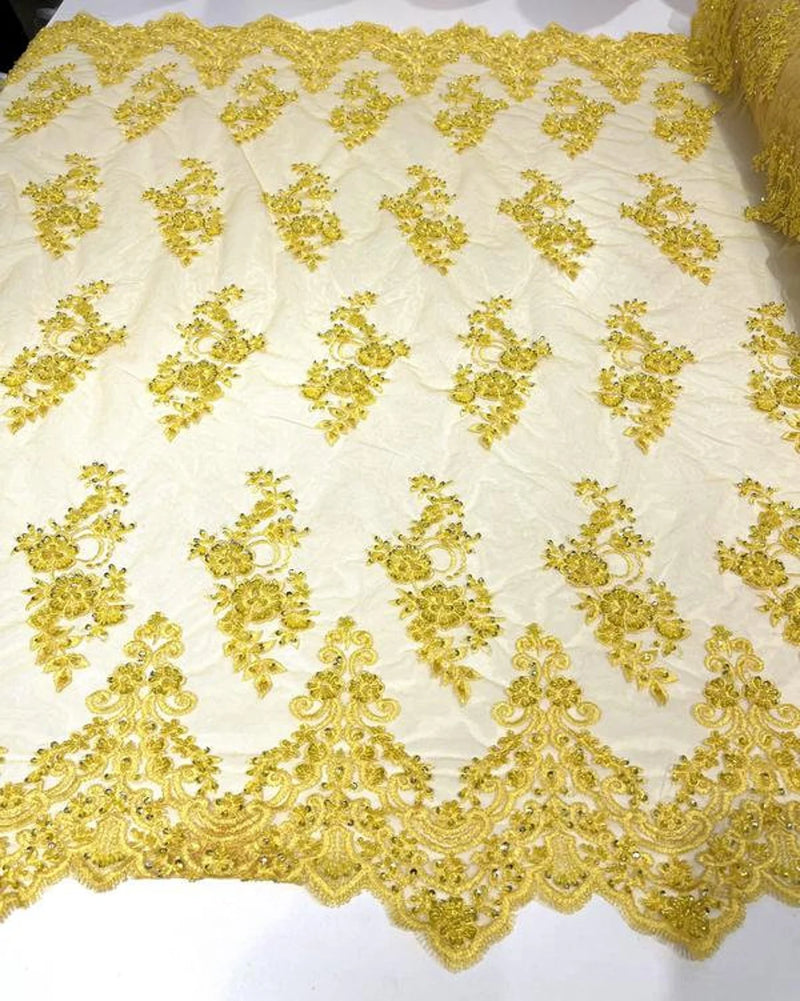 Floral Cluster Beaded Fabric - Yellow - Embroidered Flower Beaded Fabric Sold By The Yard