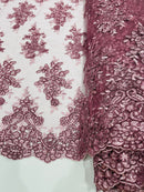 Flower Cluster Fabric - Dusty Rose - Embroidered Floral Design With Sequins on Mesh Lace Fabric