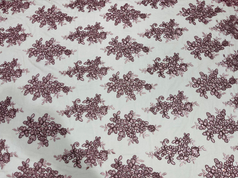 Flower Cluster Fabric - Dusty Rose - Embroidered Floral Design With Sequins on Mesh Lace Fabric
