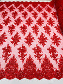 Flower Cluster Fabric - Red - Embroidered Floral Design With Sequins on Mesh Lace Fabric
