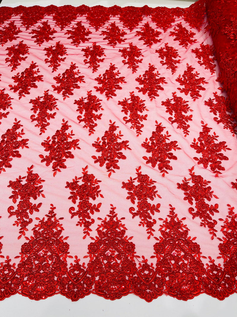 Flower Cluster Fabric - Red - Embroidered Floral Design With Sequins on Mesh Lace Fabric