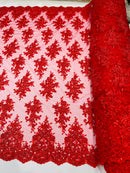 Flower Cluster Fabric - Red - Embroidered Floral Design With Sequins on Mesh Lace Fabric