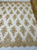 Flower Cluster Fabric - Champagne with Metallic Thread - Floral Sequins Design on Mesh Lace Fabric