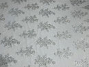 Flower Cluster Fabric - White/Silver with Metallic Thread Floral Sequins Design on Mesh Lace Fabric
