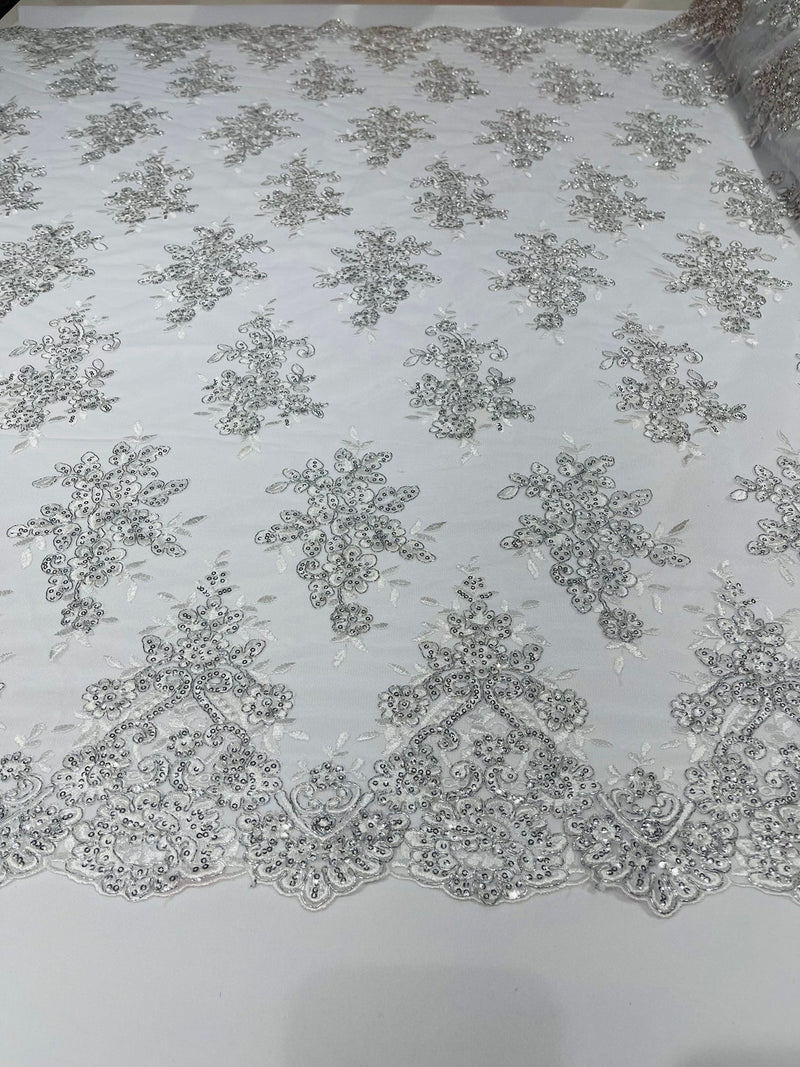 Flower Cluster Fabric - White/Silver with Metallic Thread Floral Sequins Design on Mesh Lace Fabric