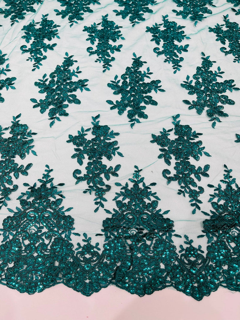 Flower Cluster Fabric - Hunter Green - Embroidered Floral Design With Sequins on Mesh Lace Fabric