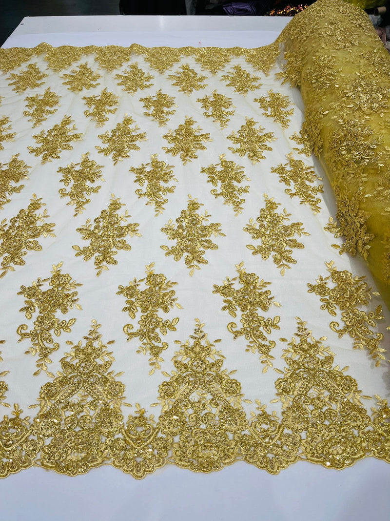 Flower Cluster Fabric - Gold with Metallic Thread - Floral Sequins Design on Mesh Lace Fabric