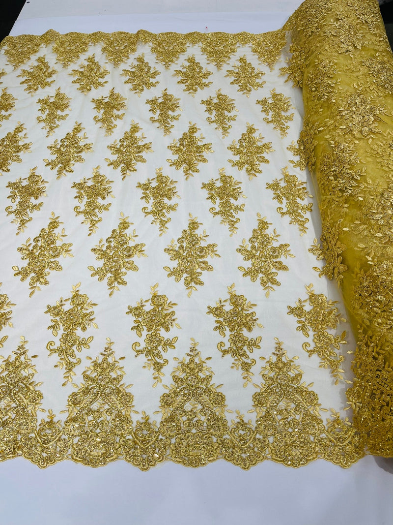 Flower Cluster Fabric - Gold with Metallic Thread - Floral Sequins Design on Mesh Lace Fabric