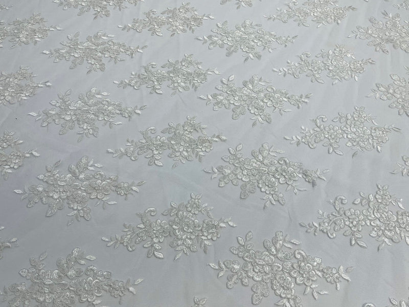 Flower Cluster Fabric - White  - Embroidered Floral Design With Sequins on Mesh Lace Fabric