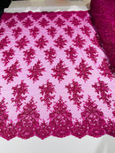 Flower Cluster Fabric - Fuchsia - Embroidered Floral Design With Sequins on Mesh Lace Fabric