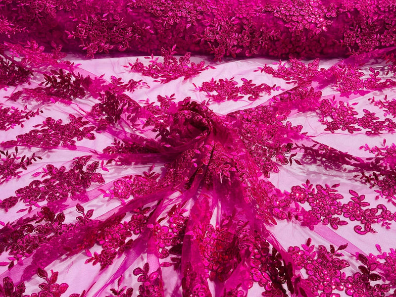 Flower Cluster Fabric - Fuchsia - Embroidered Floral Design With Sequins on Mesh Lace Fabric