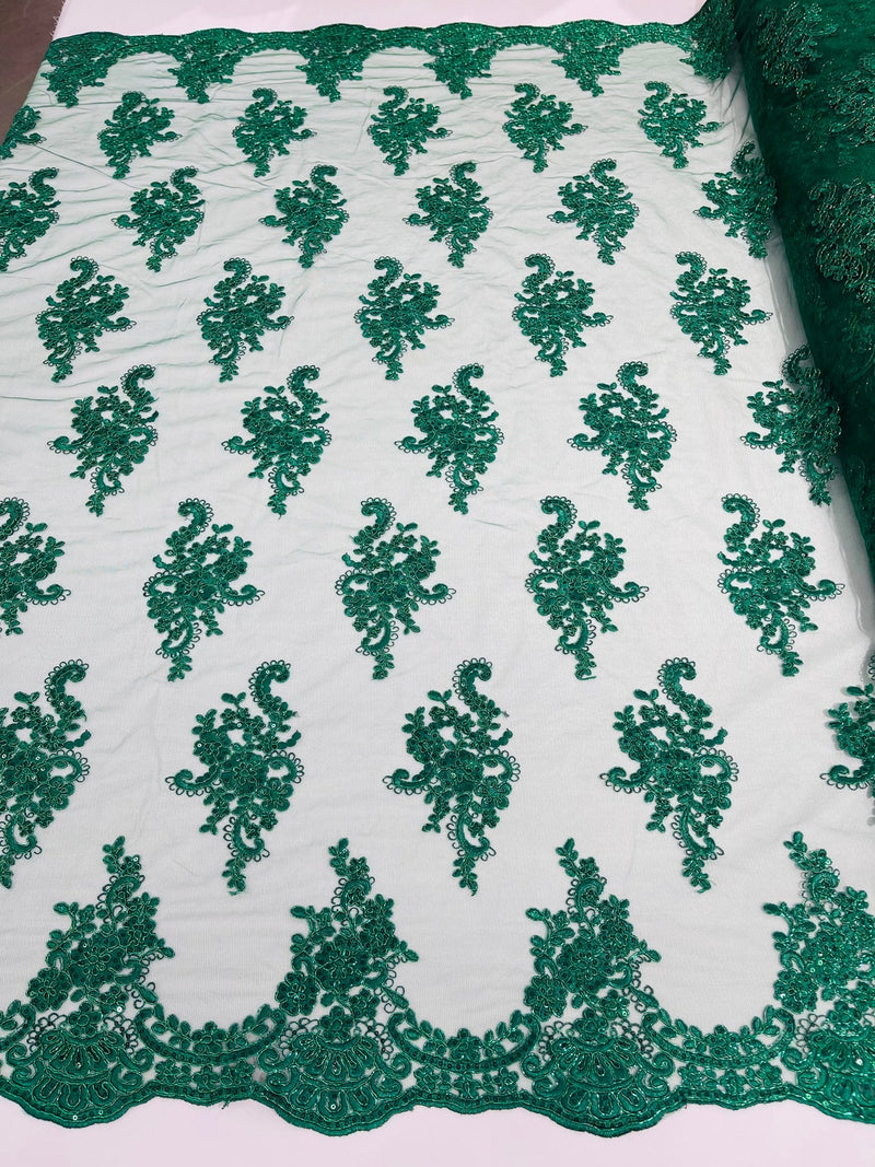 Flower Lace Fabric - Hunter Green with Metallic Thread - Floral Cluster Embroidered Design on Mesh Lace Fabric