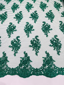 Flower Lace Fabric - Hunter Green with Metallic Thread - Floral Cluster Embroidered Design on Mesh Lace Fabric