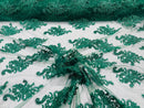 Flower Lace Fabric - Hunter Green with Metallic Thread - Floral Cluster Embroidered Design on Mesh Lace Fabric