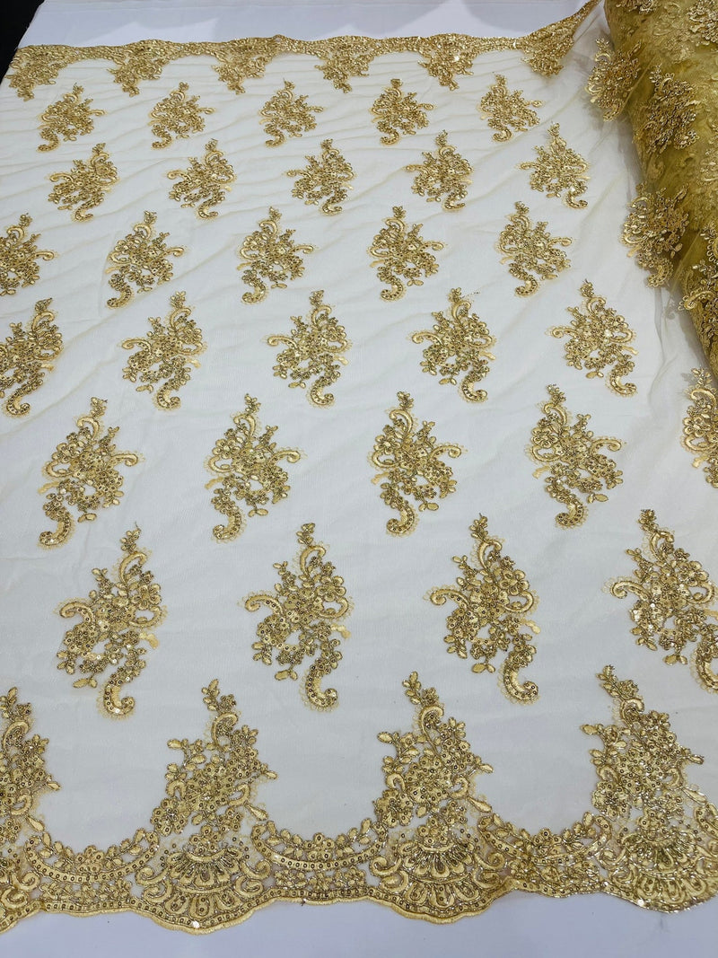 Flower Lace Fabric - Gold with Metallic Thread - Floral Cluster Embroidered Design on Mesh Lace Fabric