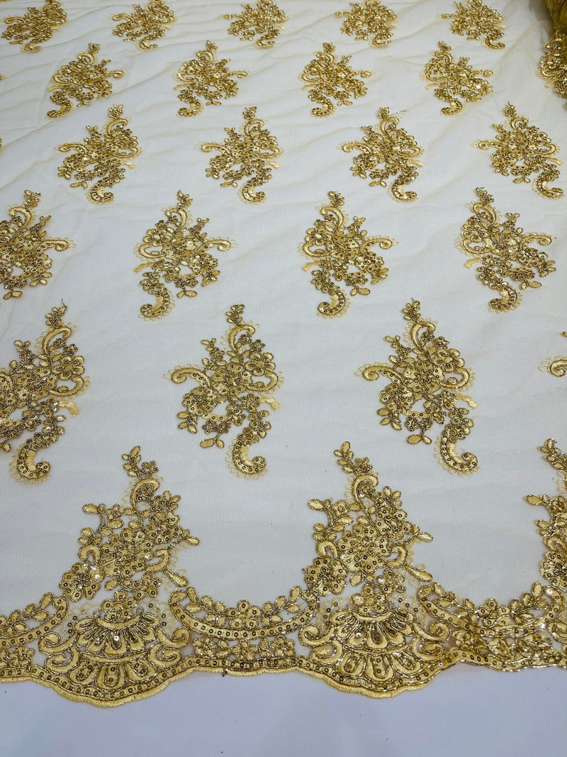 Flower Lace Fabric - Gold with Metallic Thread - Floral Cluster Embroidered Design on Mesh Lace Fabric