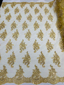 Flower Lace Fabric - Gold with Metallic Thread - Floral Cluster Embroidered Design on Mesh Lace Fabric