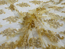 Flower Lace Fabric - Gold with Metallic Thread - Floral Cluster Embroidered Design on Mesh Lace Fabric