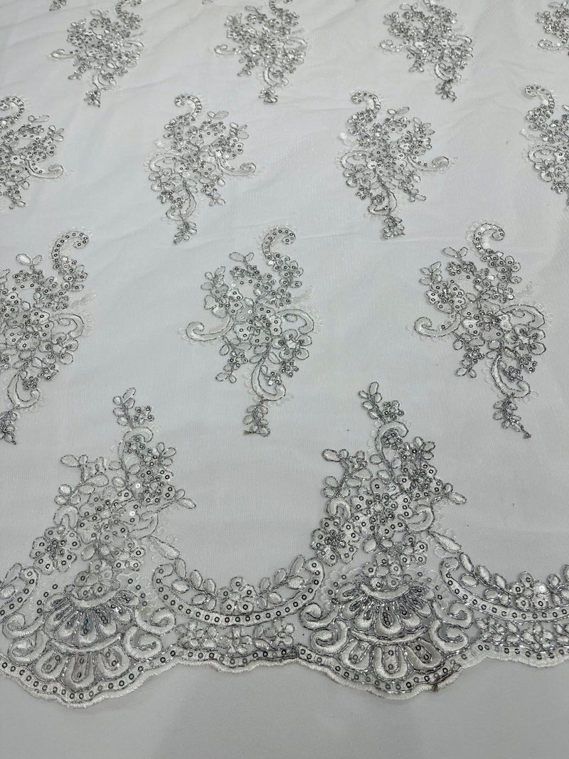Flower Lace Fabric - White/Silver with Metallic Thread - Floral Cluster Embroidered Design on Mesh Lace