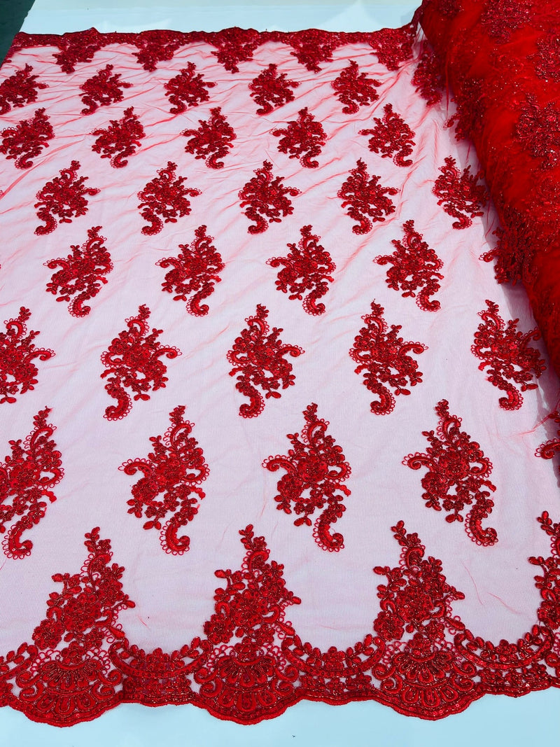 Flower Lace Fabric - Red with Metallic Thread - Floral Cluster Embroidered Design on Mesh Lace Fabric
