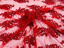 Flower Lace Fabric - Red with Metallic Thread - Floral Cluster Embroidered Design on Mesh Lace Fabric