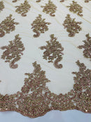 Flower Lace Fabric - Gold Rose with Metallic Thread - Floral Cluster Embroidered Design on Mesh Lace Fabric