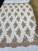 Flower Lace Fabric - Gold Rose with Metallic Thread - Floral Cluster Embroidered Design on Mesh Lace Fabric