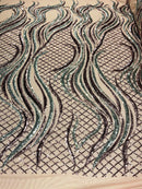 Sequins Fabric - Two Tone Dusty Rose / Silver - Wavy Lines Geometric Design 4 Way Stretch Sold By Yard