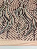 Sequins Fabric - Two Tone Dusty Rose / Silver - Wavy Lines Geometric Design 4 Way Stretch Sold By Yard