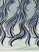 Sequins Fabric - Two Tone Light Blue/ Black - Wavy Lines Geometric Design 4 Way Stretch Sold By Yard