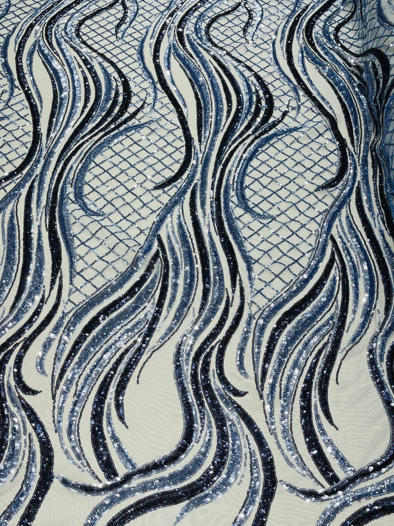 Sequins Fabric - Two Tone Light Blue/ Black - Wavy Lines Geometric Design 4 Way Stretch Sold By Yard