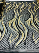 Sequins Fabric - Two Tone Black/Matte Gold - Wavy Lines Geometric Design 4 Way Stretch Sold By Yard