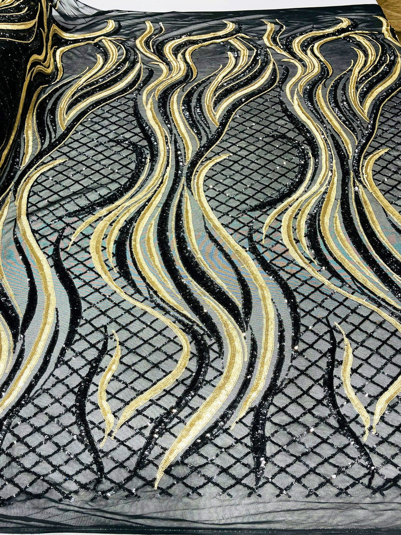 Sequins Fabric - Two Tone Black/Matte Gold - Wavy Lines Geometric Design 4 Way Stretch Sold By Yard